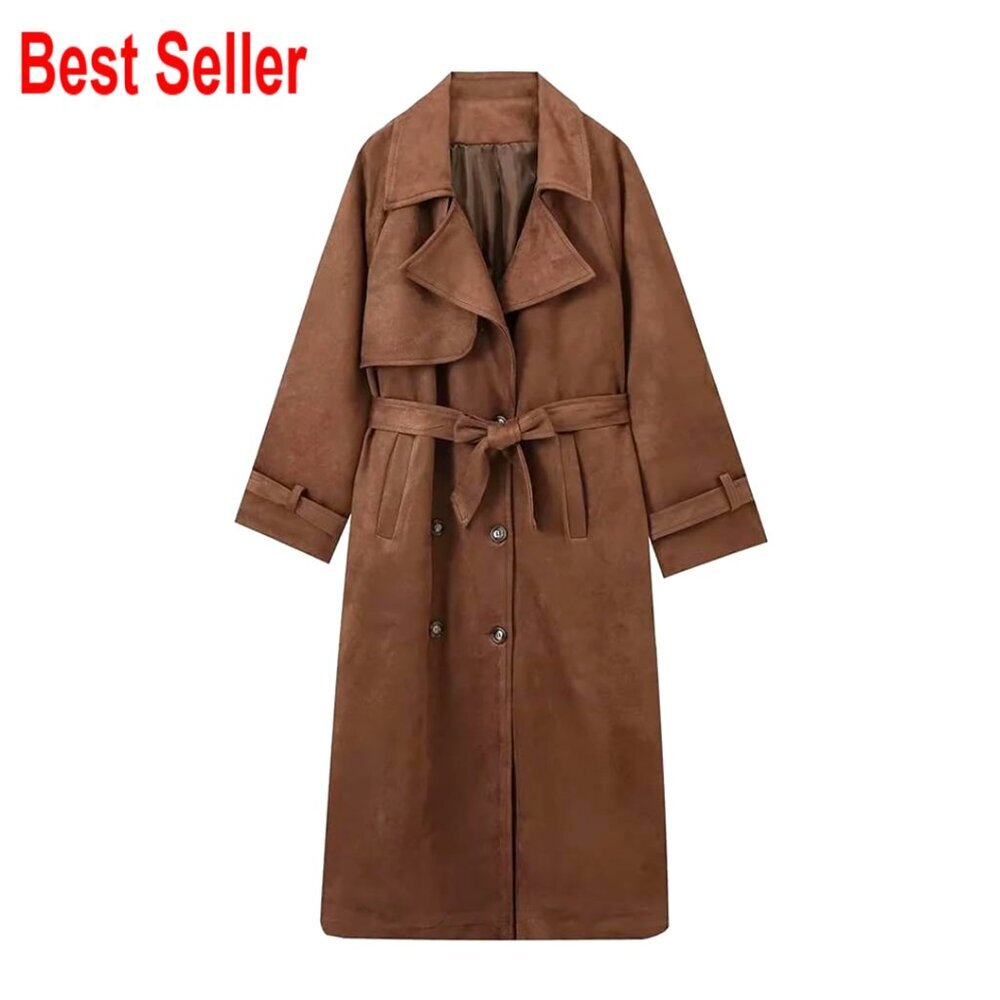 Faux Suede Trench Coat Double Breasted Pea Coat with Belt
